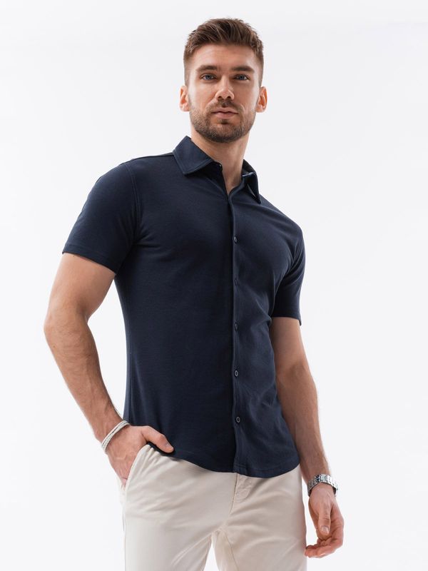 Ombre Ombre Men's slim fit knit shirt with short sleeves and collar - navy blue