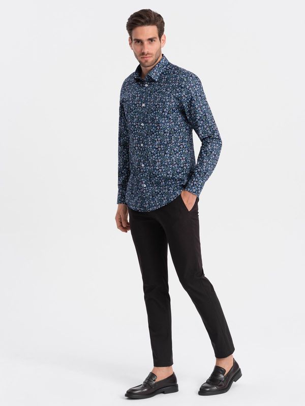 Ombre Ombre Men's SLIM FIT patterned cotton shirt - dark blue