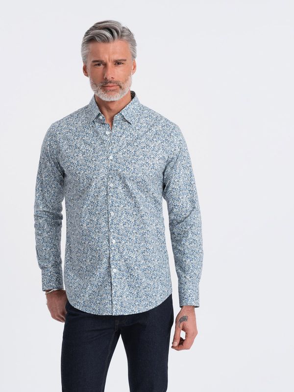 Ombre Ombre Men's SLIM FIT shirt in small leaf print - light blue