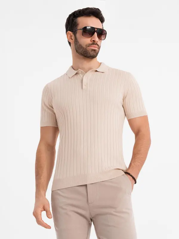 Ombre Ombre Men's SLIM FIT viscose vertical striped polo shirt - beige