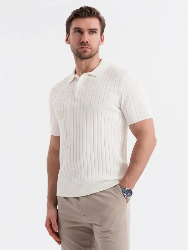 Ombre Ombre Men's SLIM FIT viscose vertical striped polo shirt - broken white