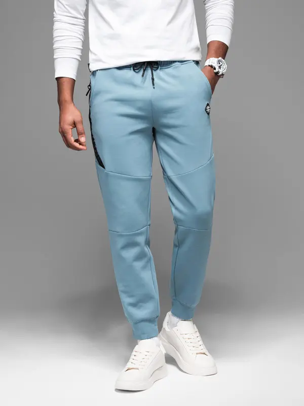 Ombre Ombre Men's sweatpants with ribbed cuffs and decorative zipper - light blue