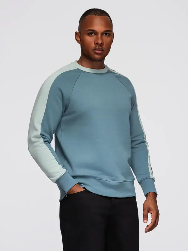 Ombre Ombre Men's sweatshirt with contrasting stripes and raglan sleeves - bleached turquoise