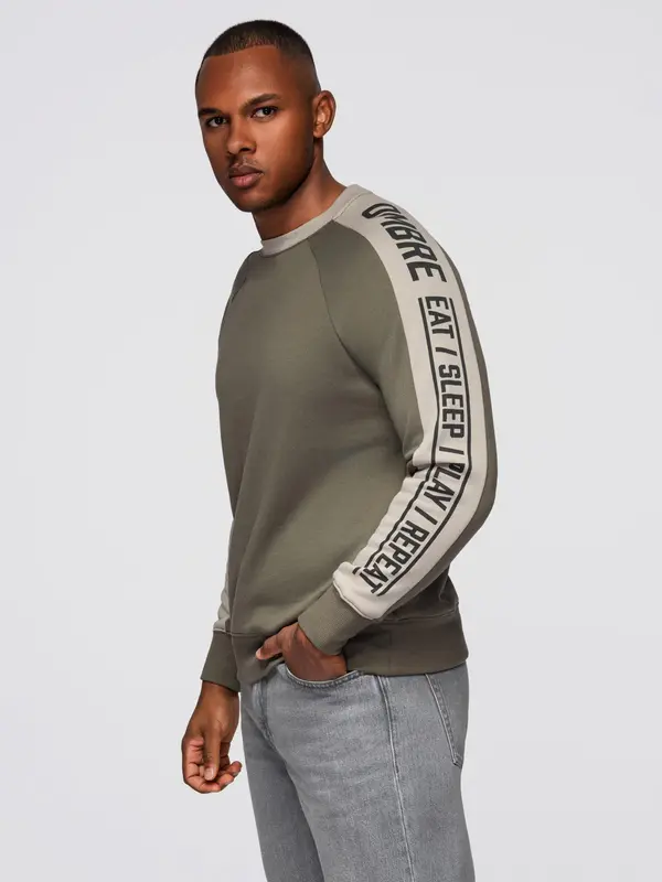 Ombre Ombre Men's sweatshirt with contrasting stripes and raglan sleeves - olive