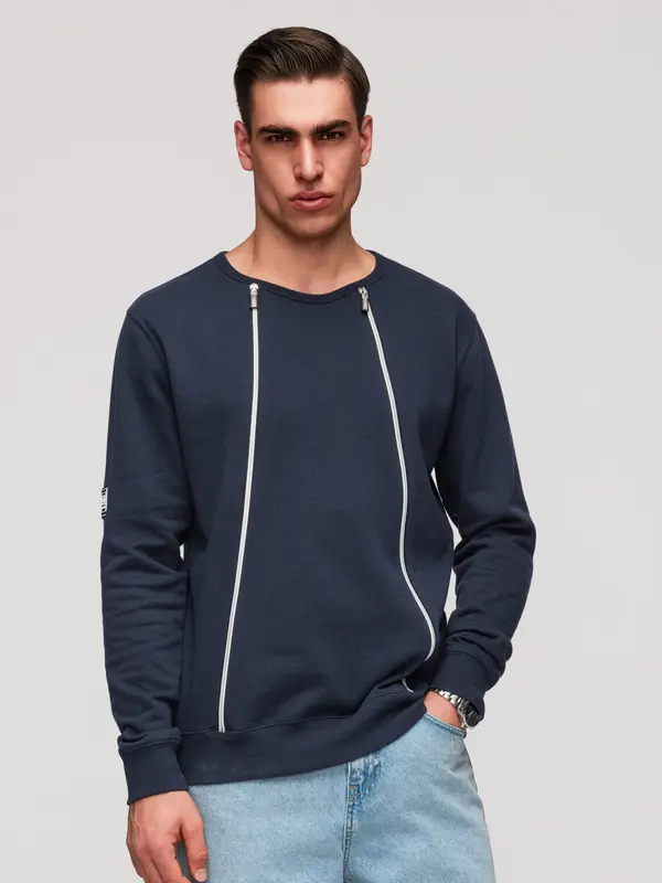 Ombre Ombre Men's sweatshirt with decorative zips on the front - navy blue