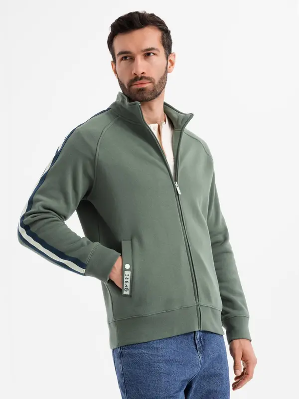 Ombre Ombre Men's sweatshirt with high collar and stripes - olive
