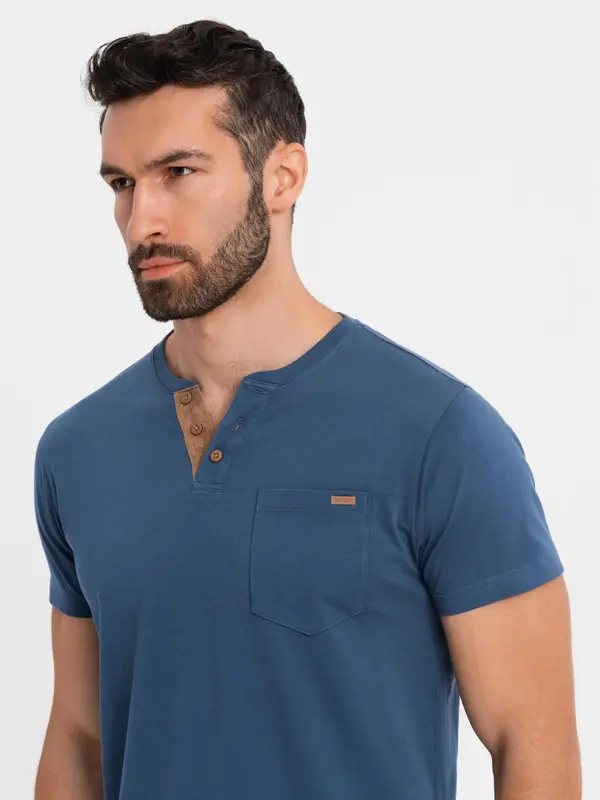Ombre Ombre Men's T-shirt with button neckline and suede trim - dark blue