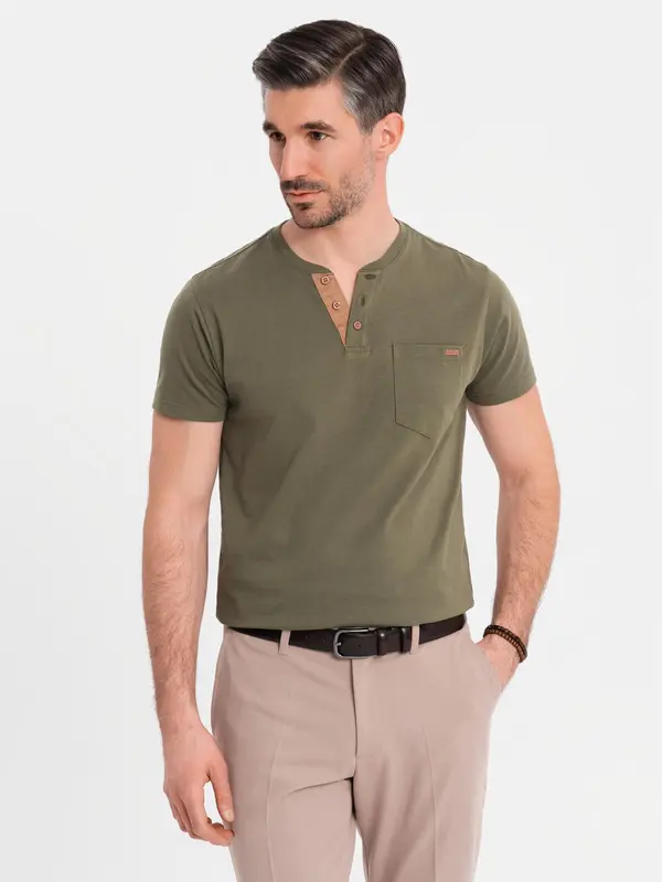 Ombre Ombre Men's T-shirt with button neckline and suede trim - dark olive