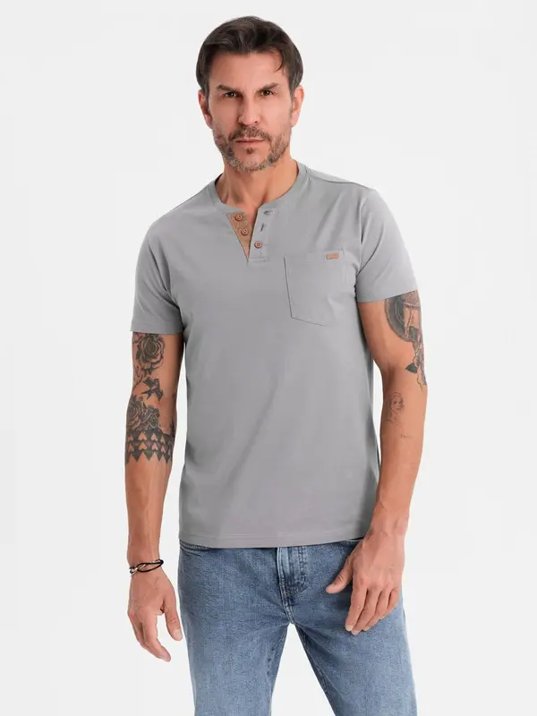 Ombre Ombre Men's t-shirt with button neckline and suede trim - grey