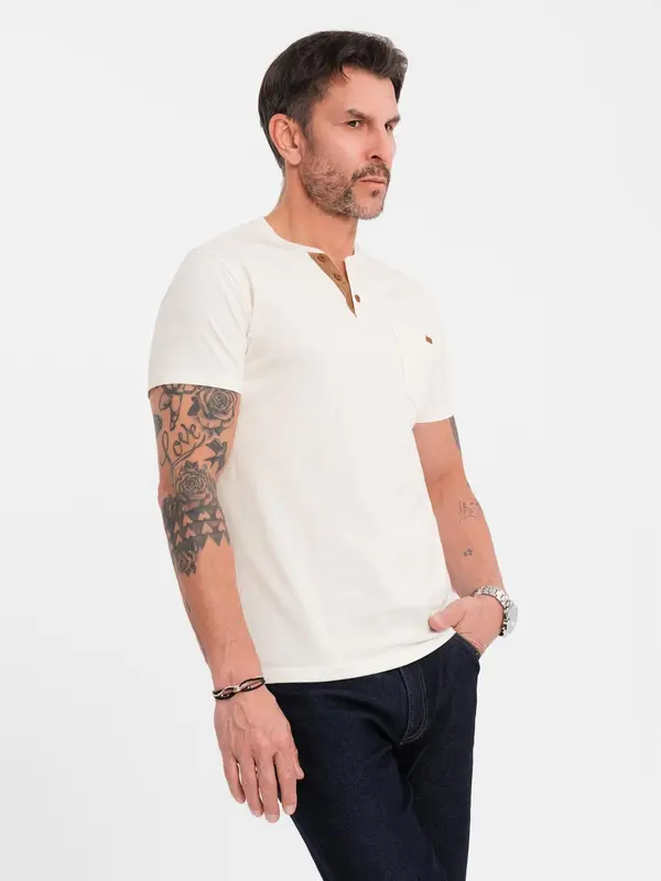 Ombre Ombre Men's t-shirt with button neckline and suede trim - white