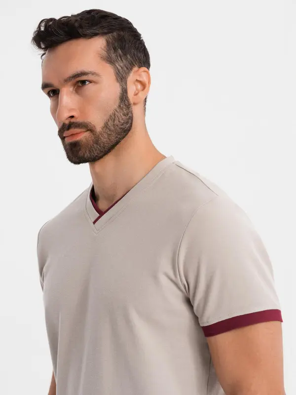 Ombre Ombre Men's T-shirt with contrasting inserts and v-neck - beige