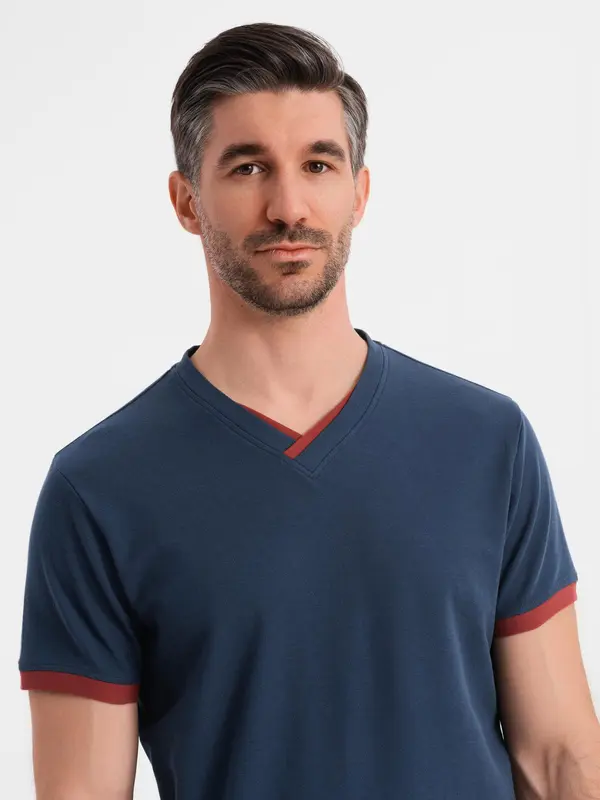 Ombre Ombre Men's T-shirt with contrasting inserts and v-neck - navy blue