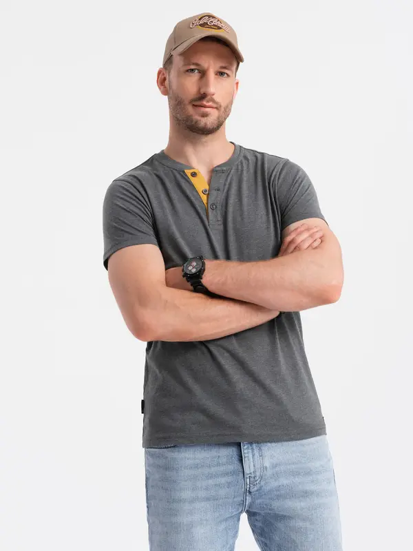 Ombre Ombre Men's t-shirt with round henley neckline - dark grey