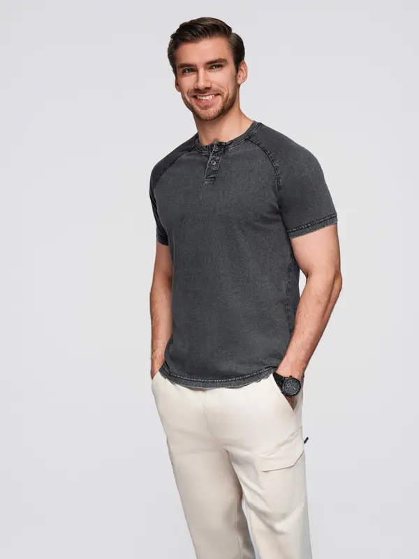 Ombre Ombre Men's T-shirt with wash effect and buttons at neckline - black