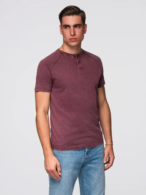 Ombre Ombre Men's T-shirt with wash effect and buttons at neckline - burgundy