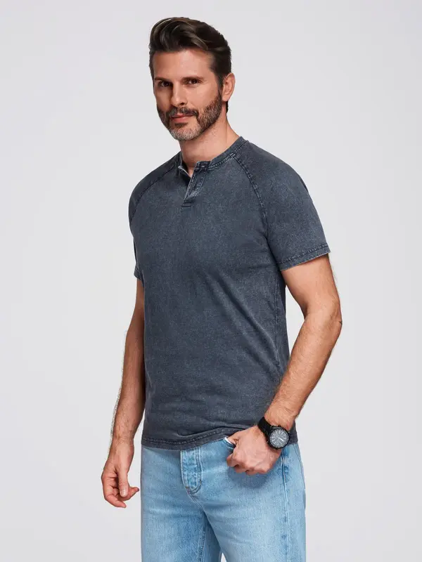 Ombre Ombre Men's t-shirt with wash effect and buttons at neckline - navy blue
