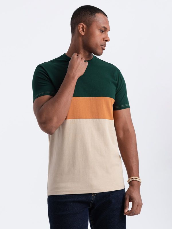 Ombre Ombre Men's tricolor T-shirt with wide stripes - dark green