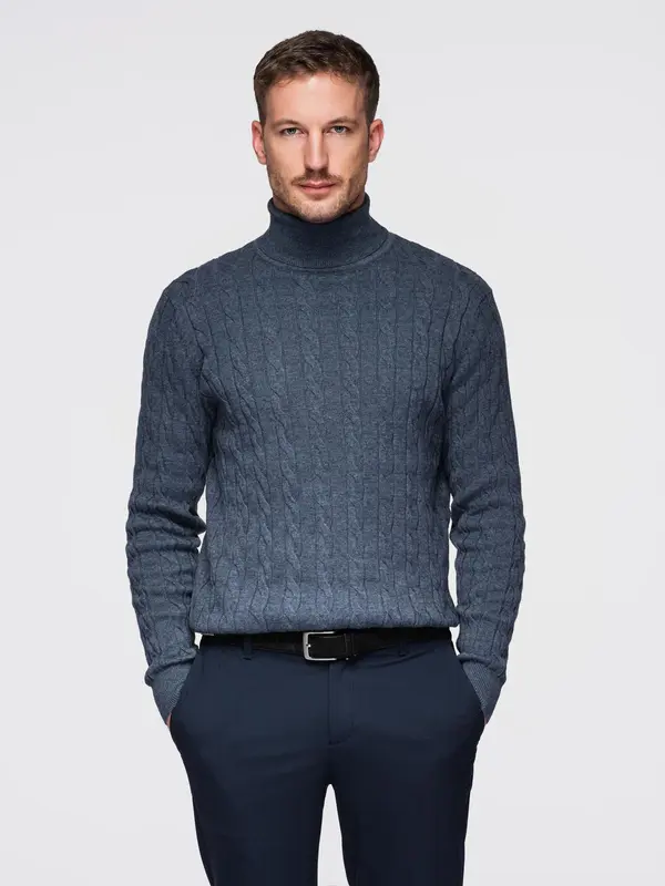 Ombre Ombre Men's turtleneck sweater with checkered weave - navy blue