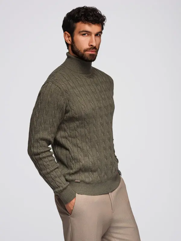 Ombre Ombre Men's turtleneck sweater with checkered weave - olive