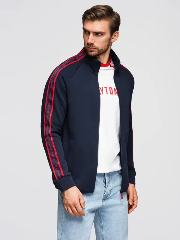 Ombre Ombre Men's unbuttoned sweatshirt with piping and high collar - navy blue
