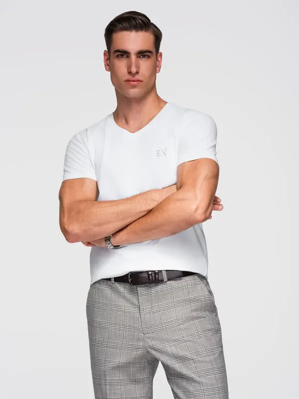 Ombre Ombre Men's V-neck SLIM FIT t-shirt with elastane and print - white