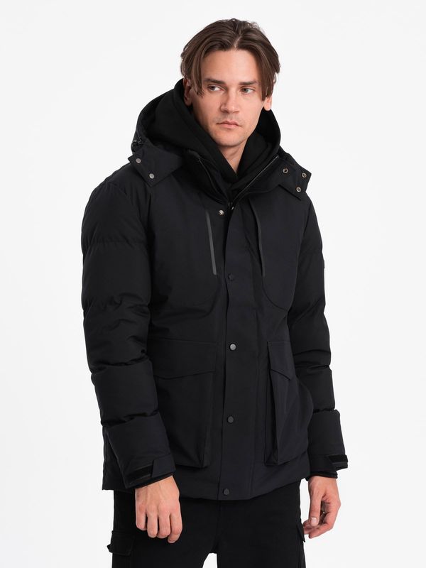 Ombre Ombre Men's winter jacket with detachable hood and cargo pockets - black