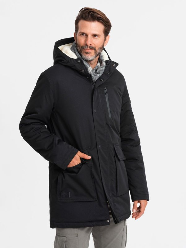 Ombre Ombre Męska długa kurtka parka sherpa – black