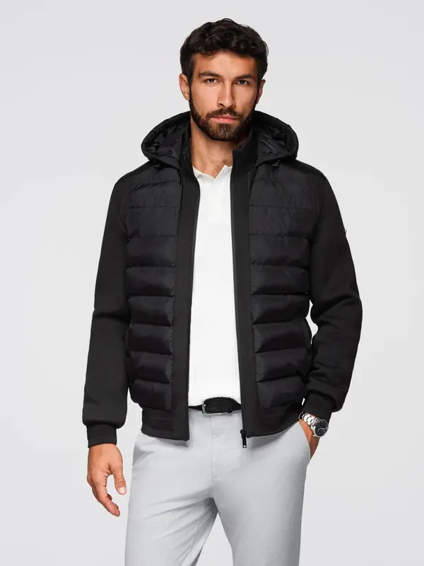 Ombre Ombre Quilted bomber jacket with hood and knitted sleeves - black
