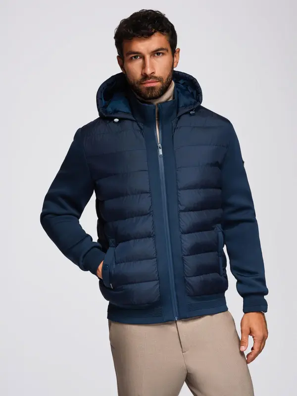 Ombre Ombre Quilted bomber jacket with hood and knitted sleeves - navy blue