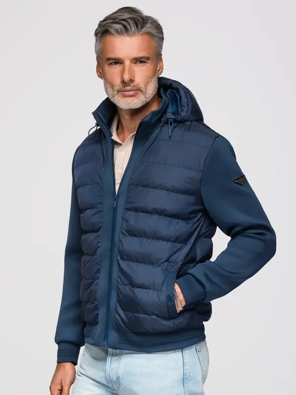 Ombre Ombre Quilted bomber jacket with hood and knitted sleeves - navy blue