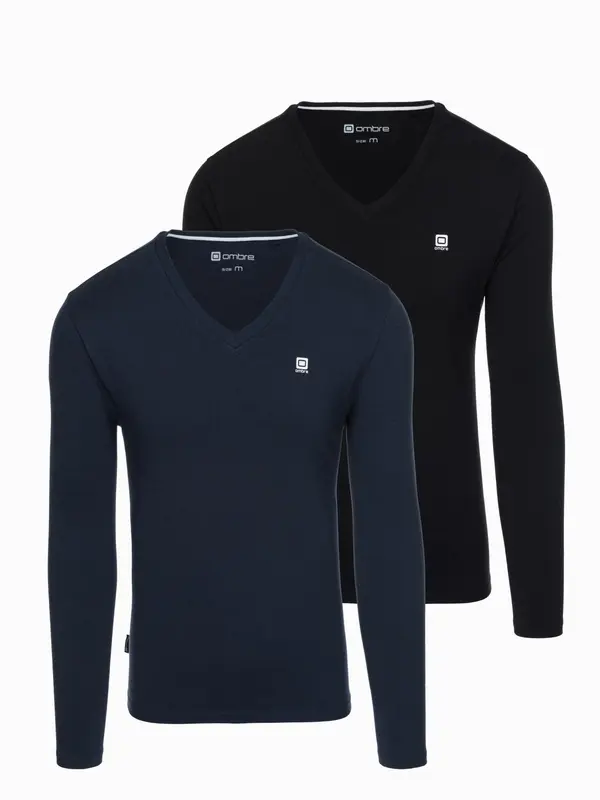 Ombre Ombre Set of men's SLIM FIT longsleeves with V neckline and logo 2-pack