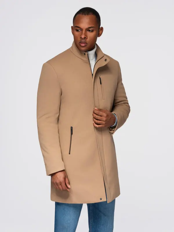 Ombre Ombre Structured fitted coat for men with high collar - light brown