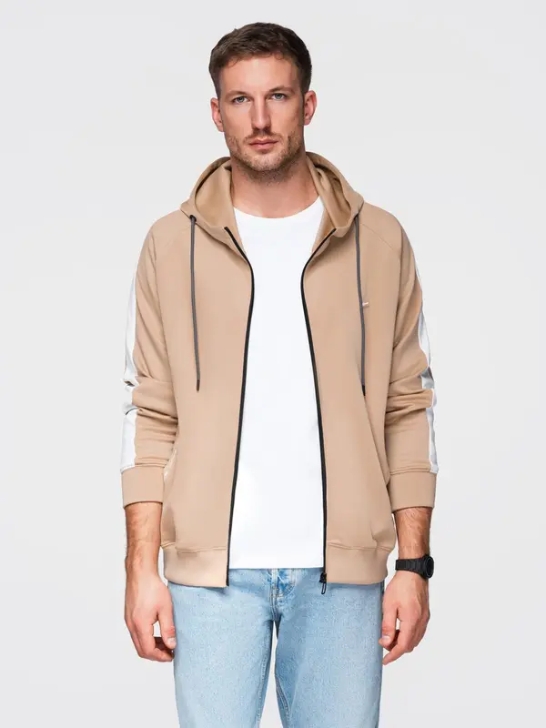 Ombre Ombre Unzipped men's hooded sweatshirt with piping - beige