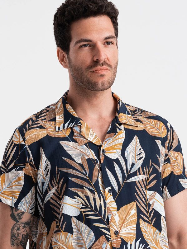 Ombre Ombre Viscose patterned men's short sleeve shirt - leaves OM-SHPS