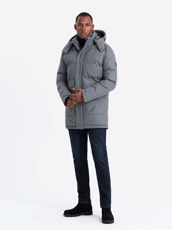 Ombre Ombre Warm long men's parka jacket with wool - grey melange