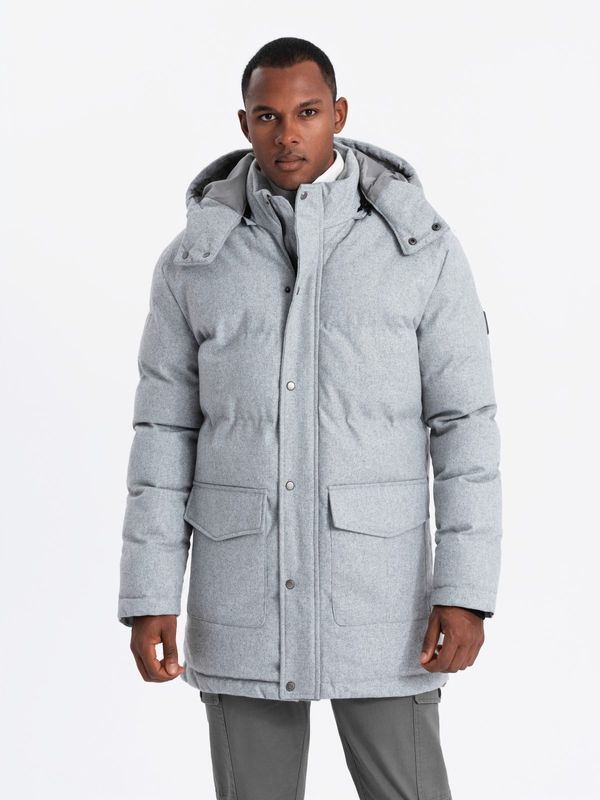 Ombre Ombre Warm men's long parka jacket with wool - light grey melange