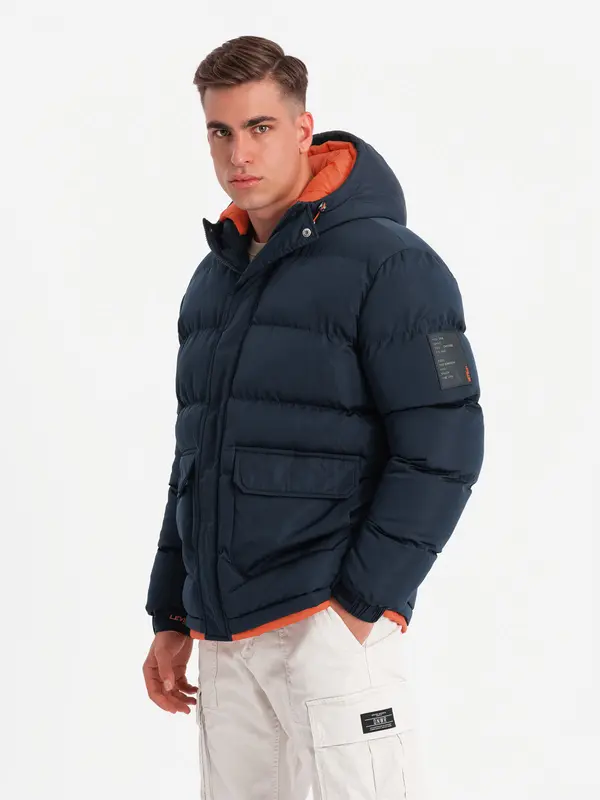 Ombre Ombre Warm men's sports jacket with double hood - navy blue
