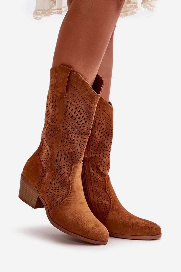 Kesi Openwork women's ankle boots Cowgirls on heel Camel Iceda