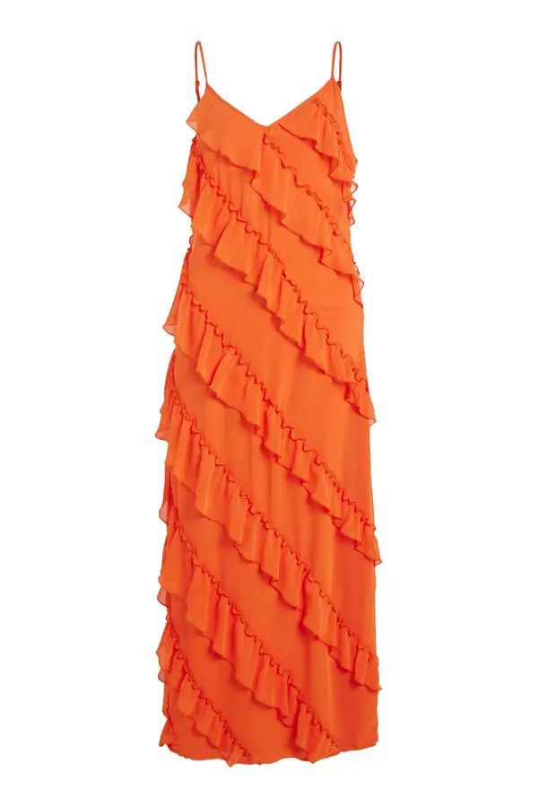 Vila Clothes Oranžna maksi obleka z volančki