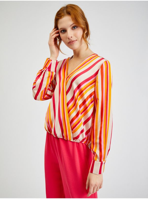 Orsay Orsay Pink-Orange Ladies Striped Satin Blouse - Women