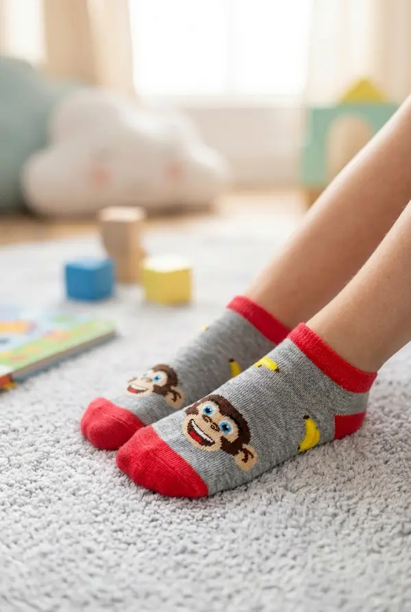 Milena Otroške sive gležnjarske nogavice z opicami in bananami