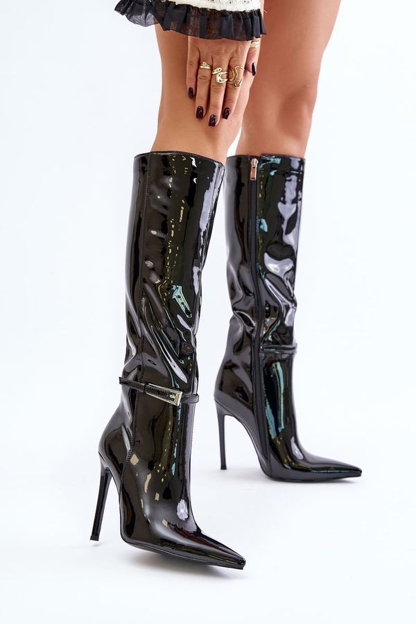 Kesi Patent Leather Insulated Stiletto Heel Boots with Buckle Black Tameliae