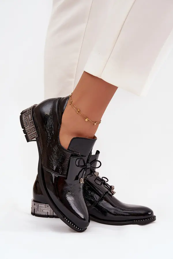 Zazoo Patent Leather Women's Low Heel Shoes with Bow Zazoo 1399 Black