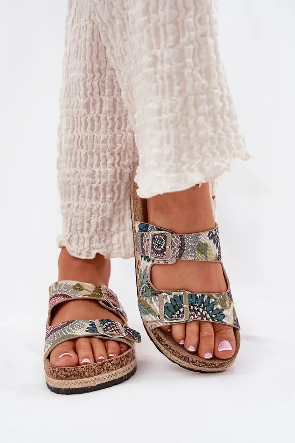 Lee Cooper Patterned Women Slippers On Cork Platform With Buckles Lee Cooper