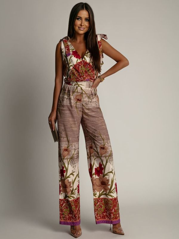 FASARDI Patterned women's jumpsuit with wide leg beige