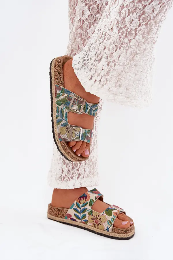 Lee Cooper Patterned Women's Slippers On Cork Platform With Buckles Lee Cooper