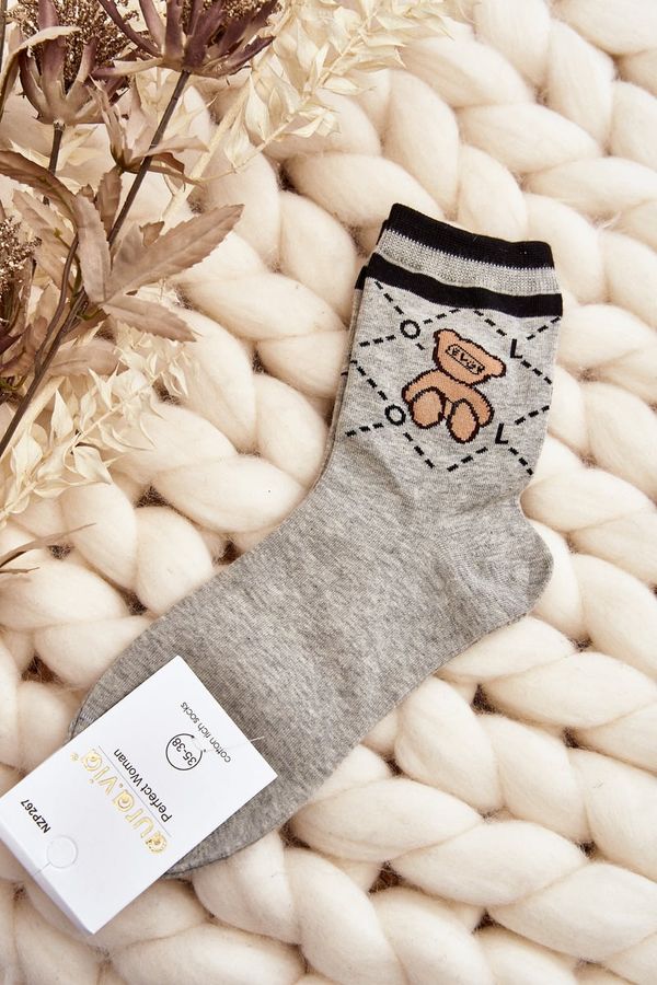 Kesi Patterned Women's Socks With Teddy Bear, Grey