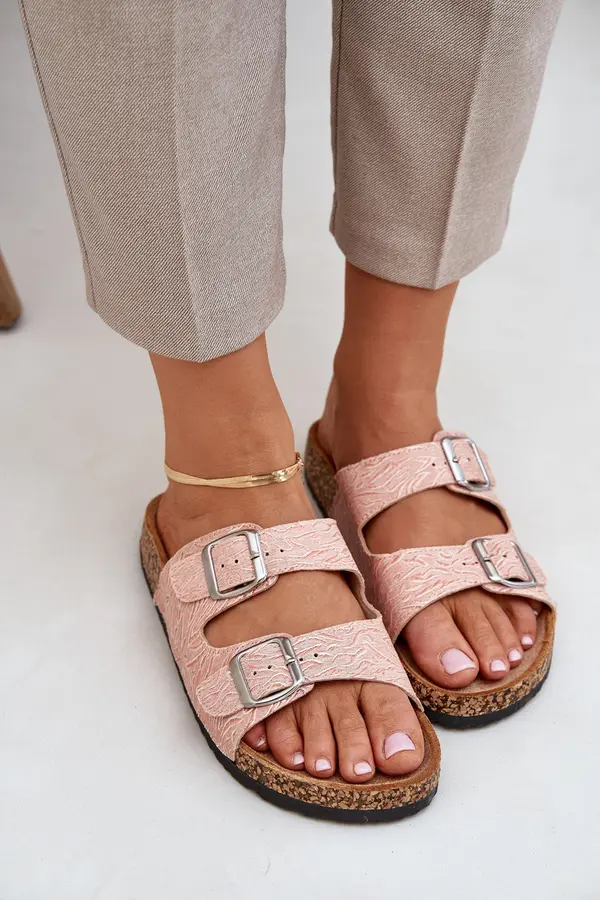 Boto PE1 Fabric Slippers On Cork Sole With Buckles Pink Atera