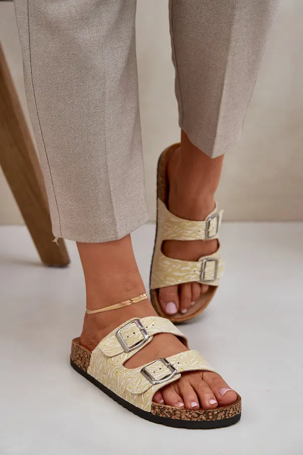 Boto PE1 Fabric Slippers On Cork Sole With Buckles Yellow Atera