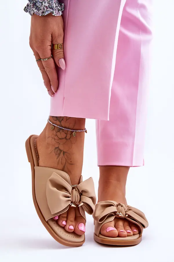 EVENTO PE1 Women's Leather Slippers With Bow Beige Becky